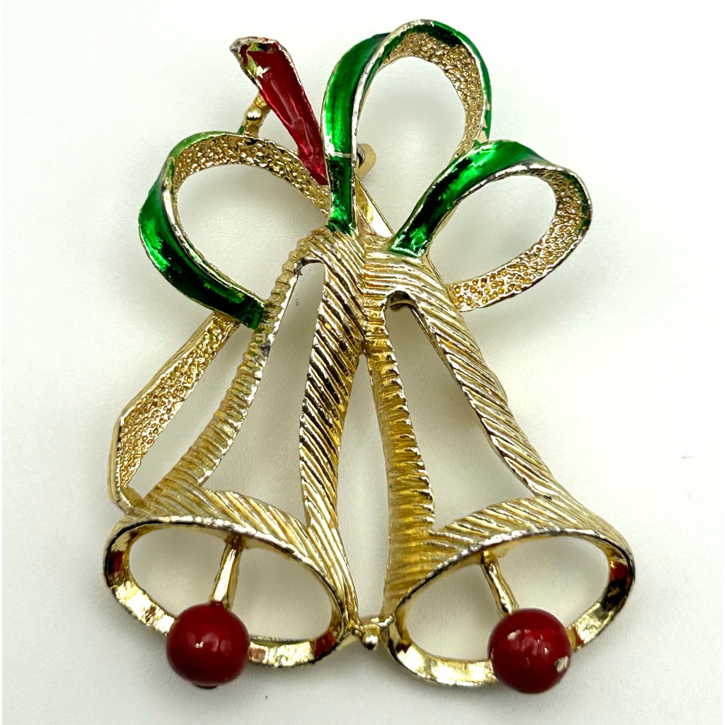 Vintage Retro Art Deco Signed Christmas Bells Brooch Pin